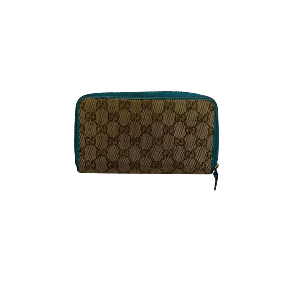 Gucci GG Canvas Zip Around Wallet Teal Leather Trim Long Continental Wallet